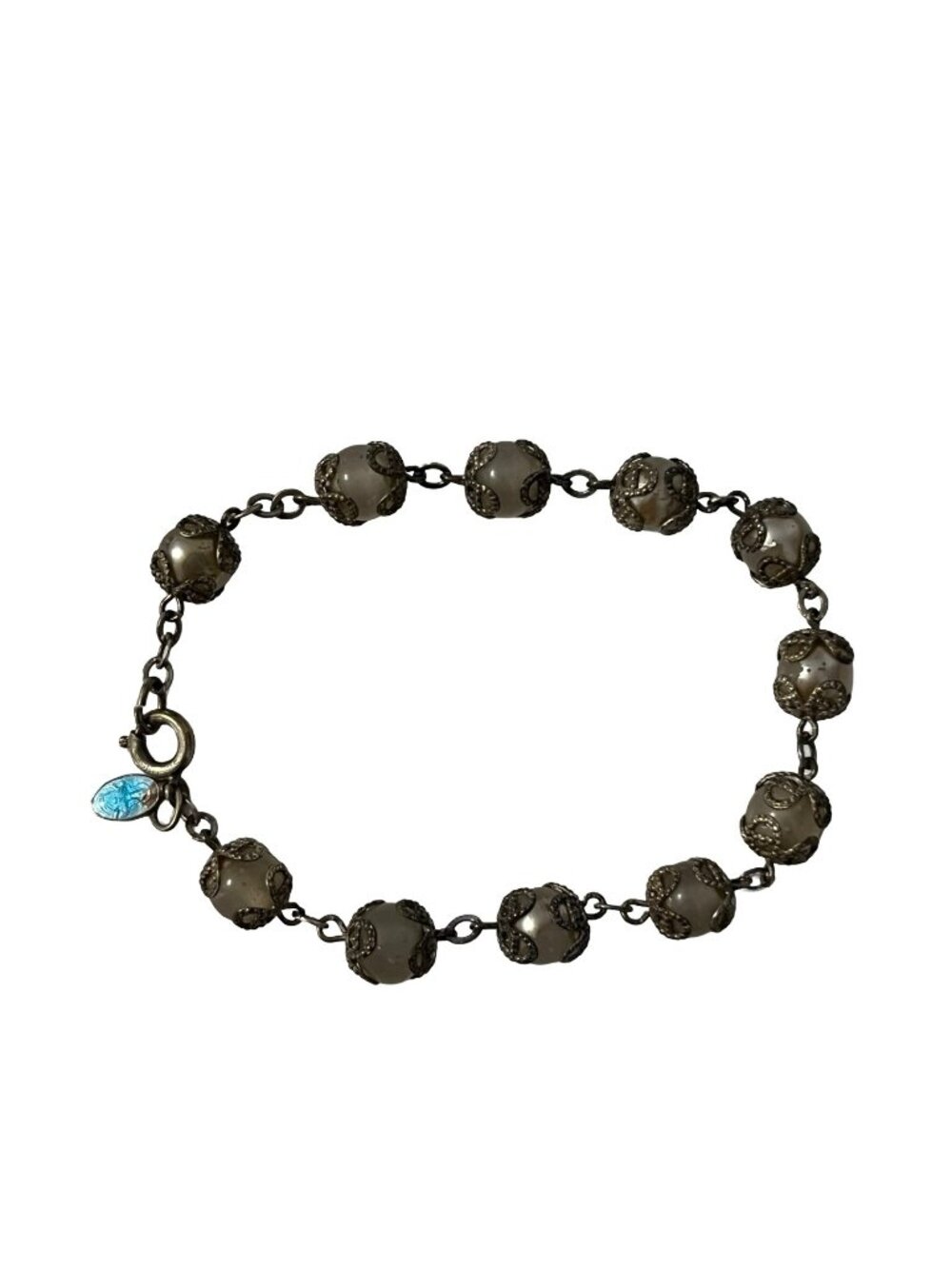 Vintage Beaded Bracelet Sterling Clasp Silver Tone Filigree Gray Beads Blue Char